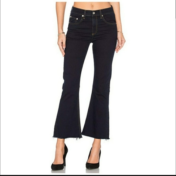 rag & bone Denim - Rag & Bone Mid-Rise Women's Cropped Raw Hem Dark Wash 10in Flare Size 28